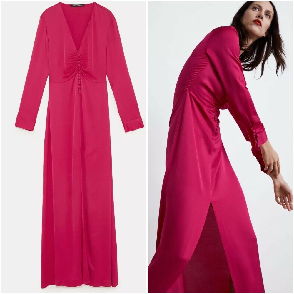🤍 ZARA Long Maxi Slit Pink Satin Effect Maxi Gown Dress - Picture 6 of 8